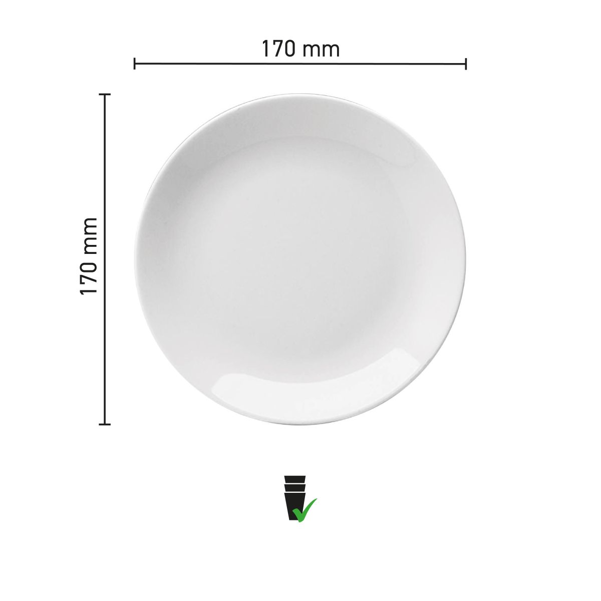 Infographic toont exacte afmetingen van het 17 cm porseleinen Hotel coupebord.