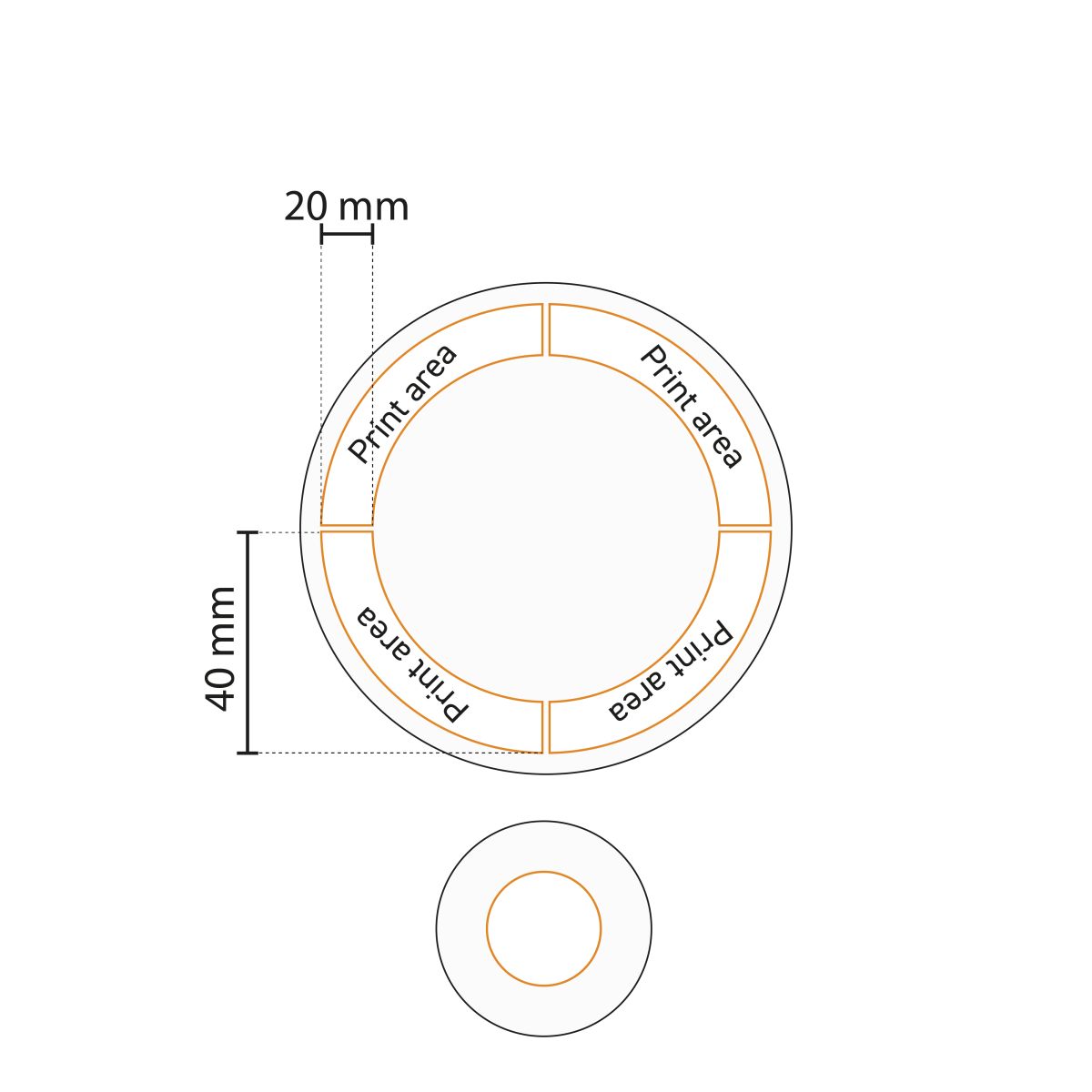 Gedetailleerde werktekening van drukgebied op Hotel coupebord porselein 25 cm in wit.