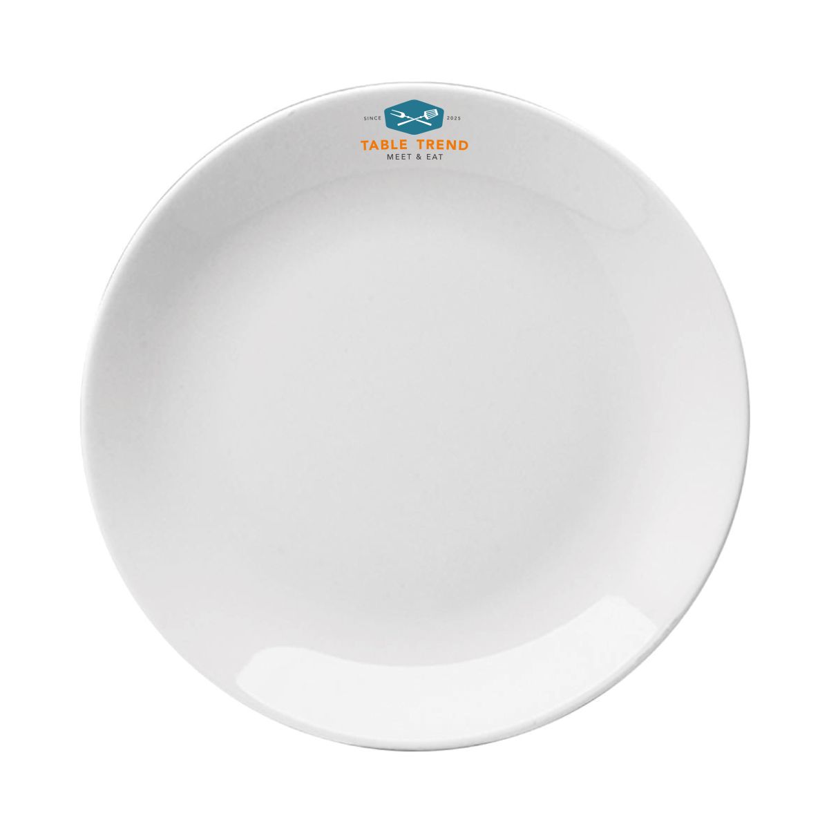 Wit porseleinen coupebord Hotel 25 cm voorzien van meerkleurig TableTrend-logo aan de bovenzijde.