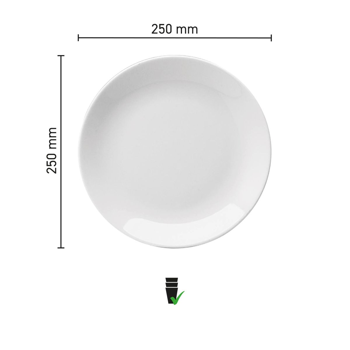 Infographic van het Hotel coupebord wit porselein 25 cm met exacte maatvoering.