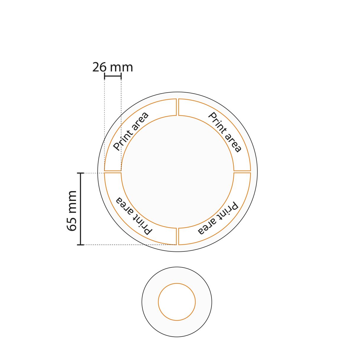 Drukgebied voor logo’s op het 31 cm porseleinen Hotel coupebord weergegeven in werktekening.