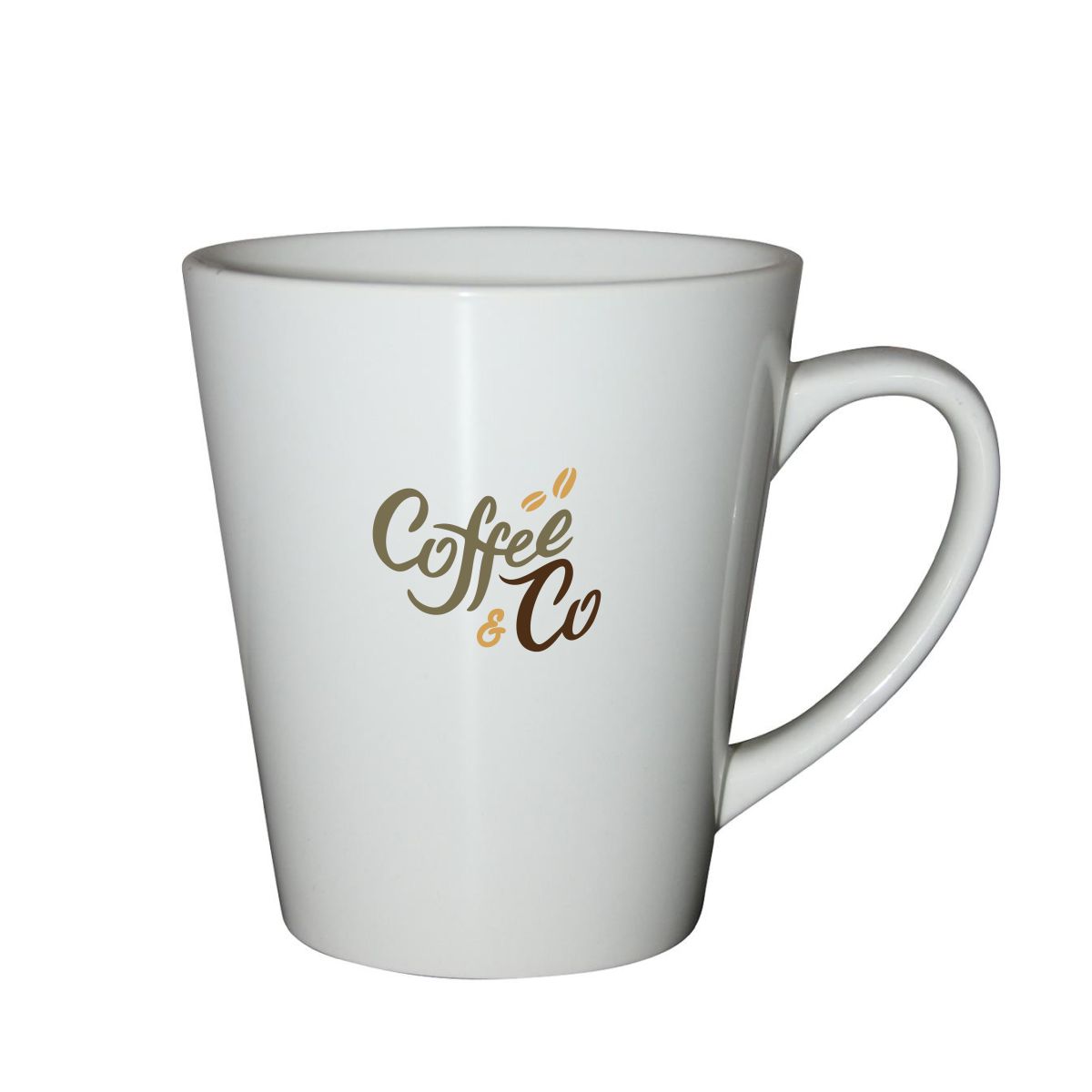 Delta mok 30 cl. porselein vooraanzicht met zwart logo CoffeeCo in één kleur op de voorzijde.