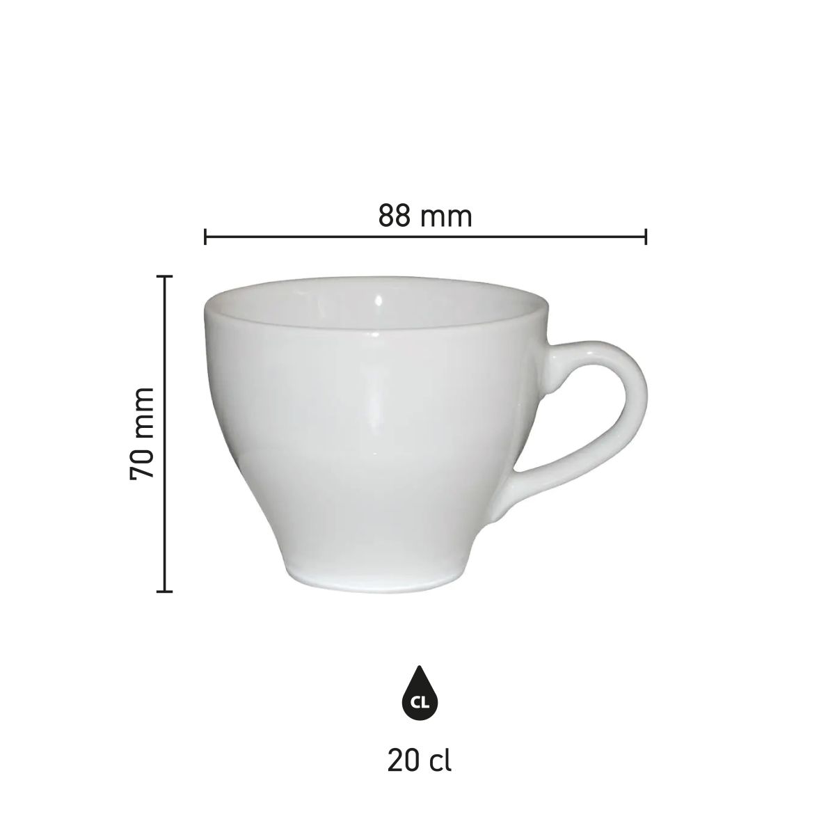 Infographic toont technische afmetingen van de Dom Cappuccino kop wit 20 cl. in millimeters.