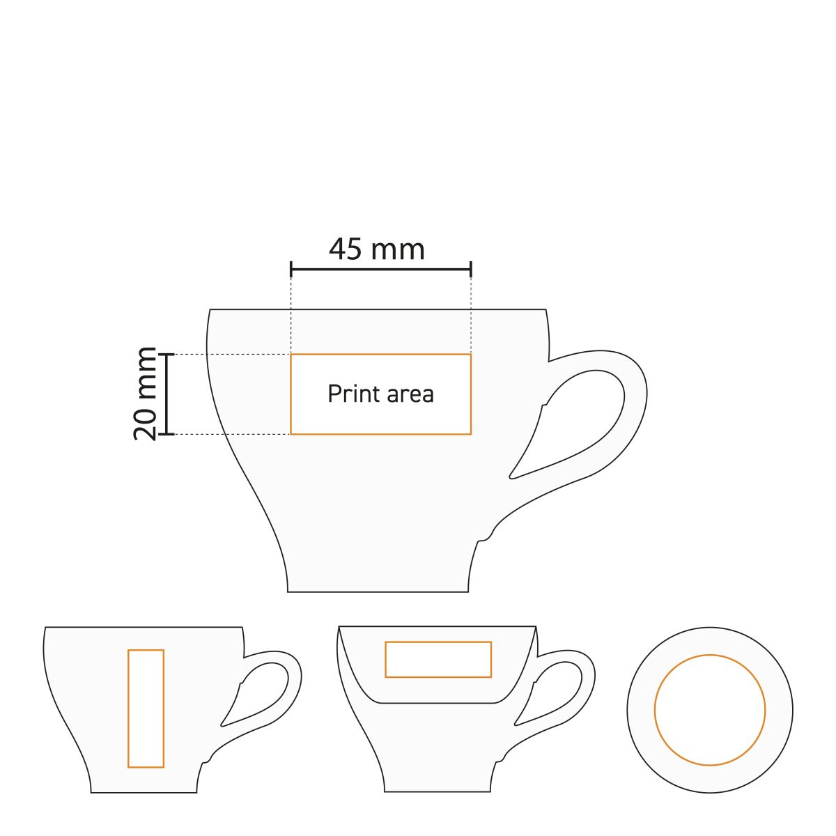 Gedetailleerde werktekening toont het drukgebied van Dom Cappuccino wit 20 cl. SET porselein.