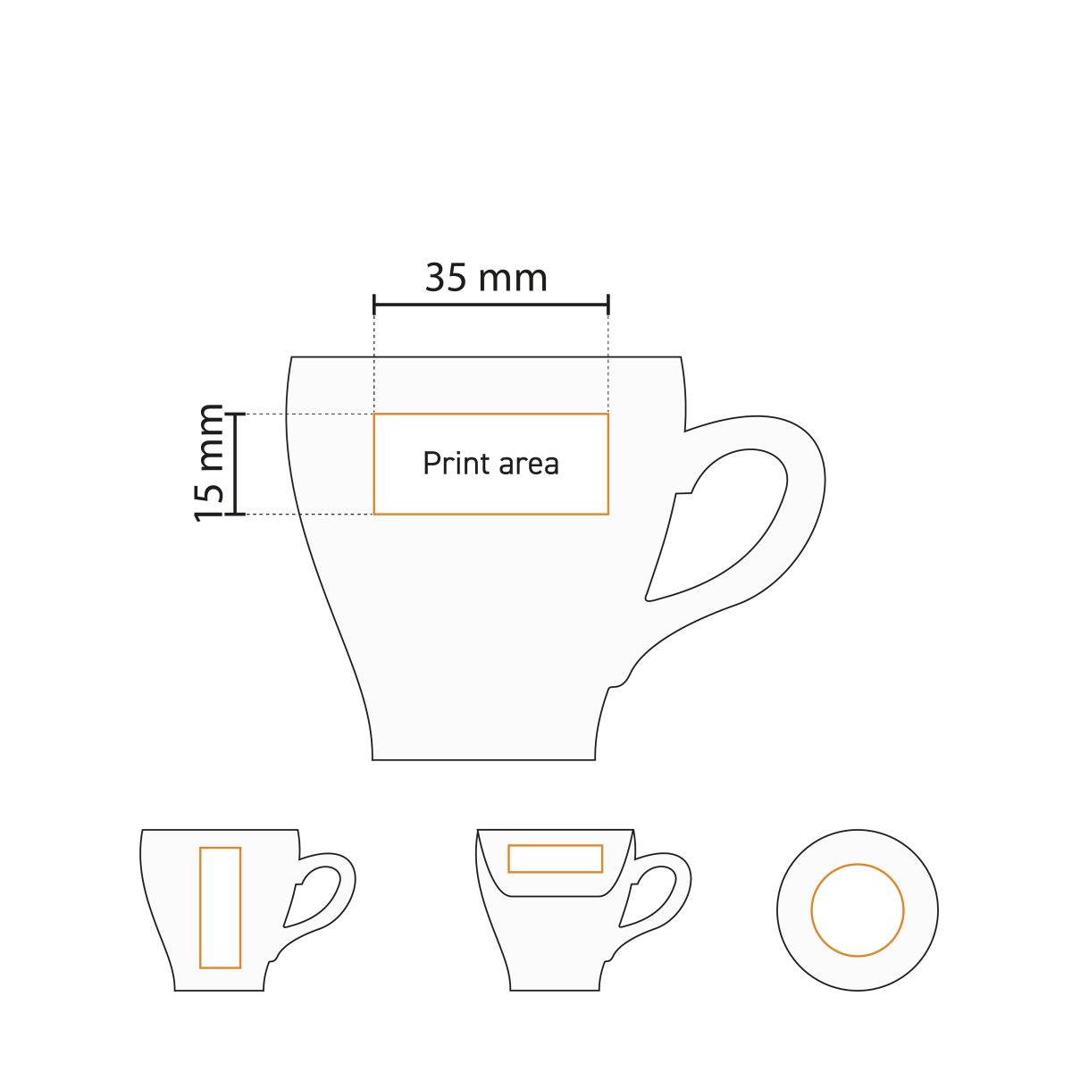 Gedetailleerde werktekening toont het bedrukbare oppervlak van Dom Espresso kop wit 8 cl. uit de Dom-set.