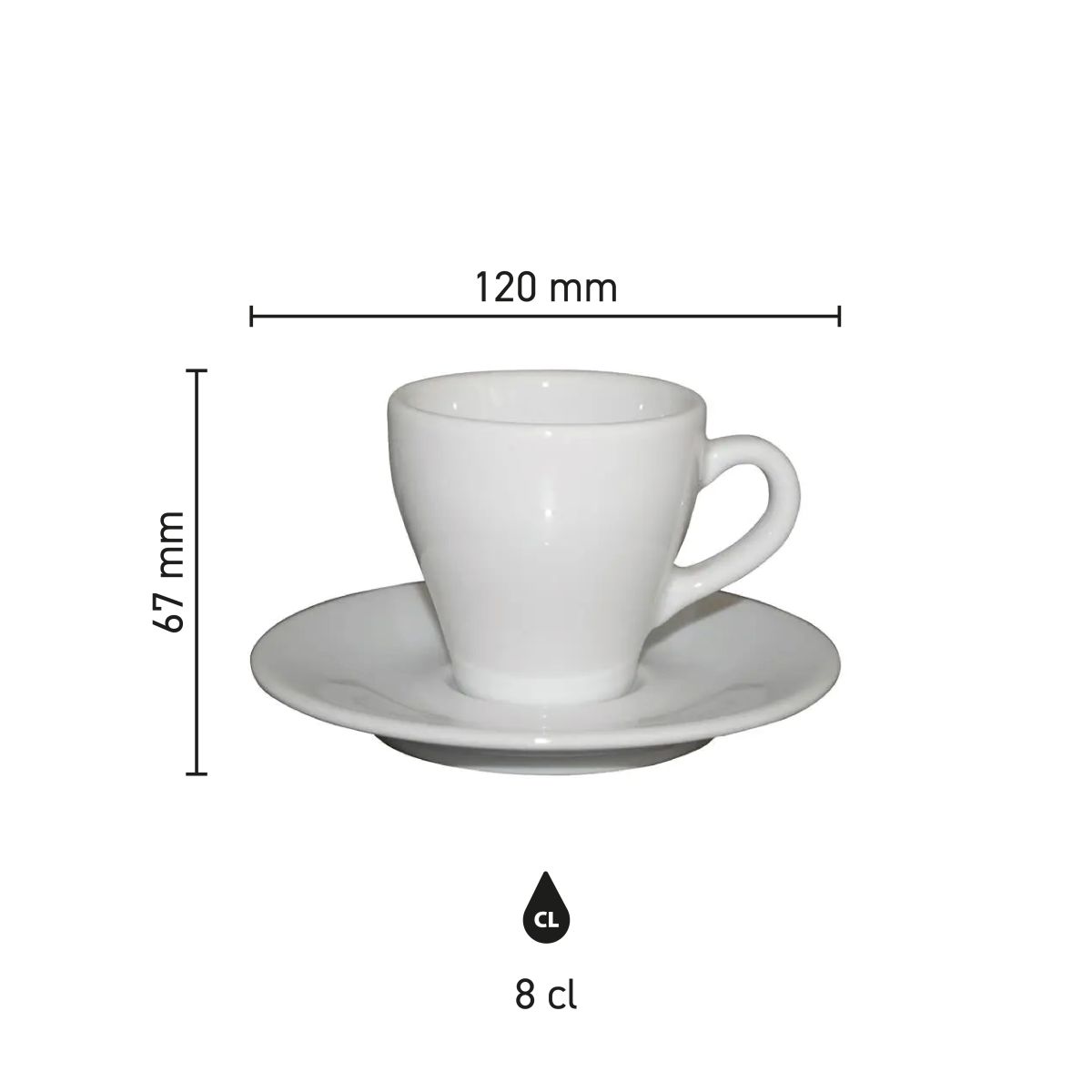 Infographic toont technische maatvoering van Dom Espresso wit 8 cl. SET porselein in millimeters.