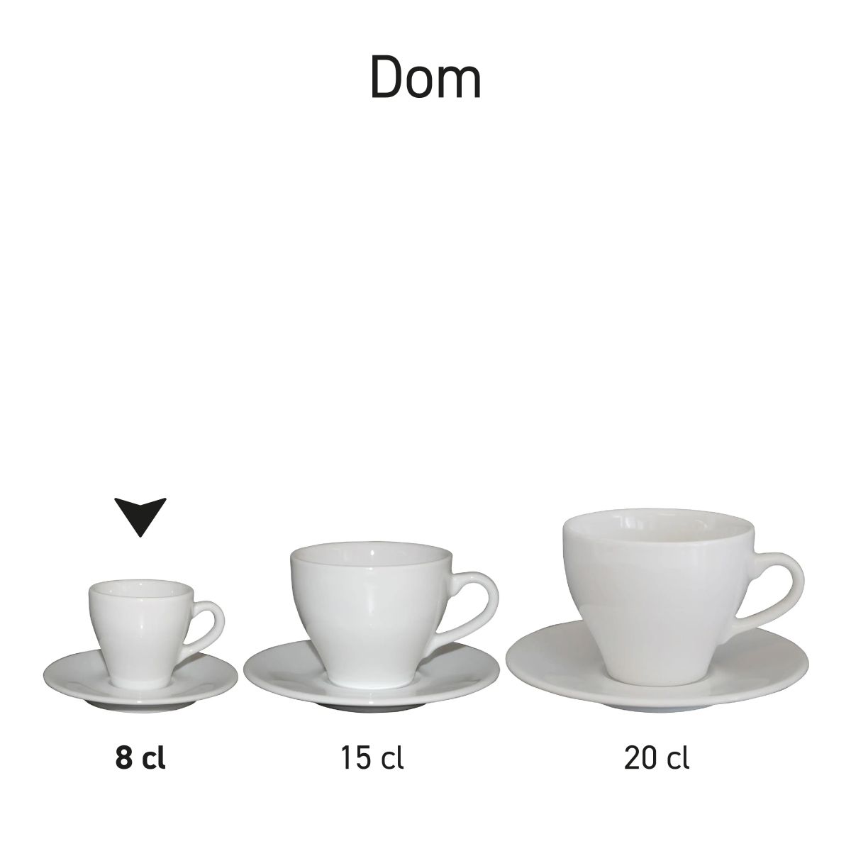 Serie Dom Espresso wit 8 cl. sets gepresenteerd als onderdelen van de Dom-serie.