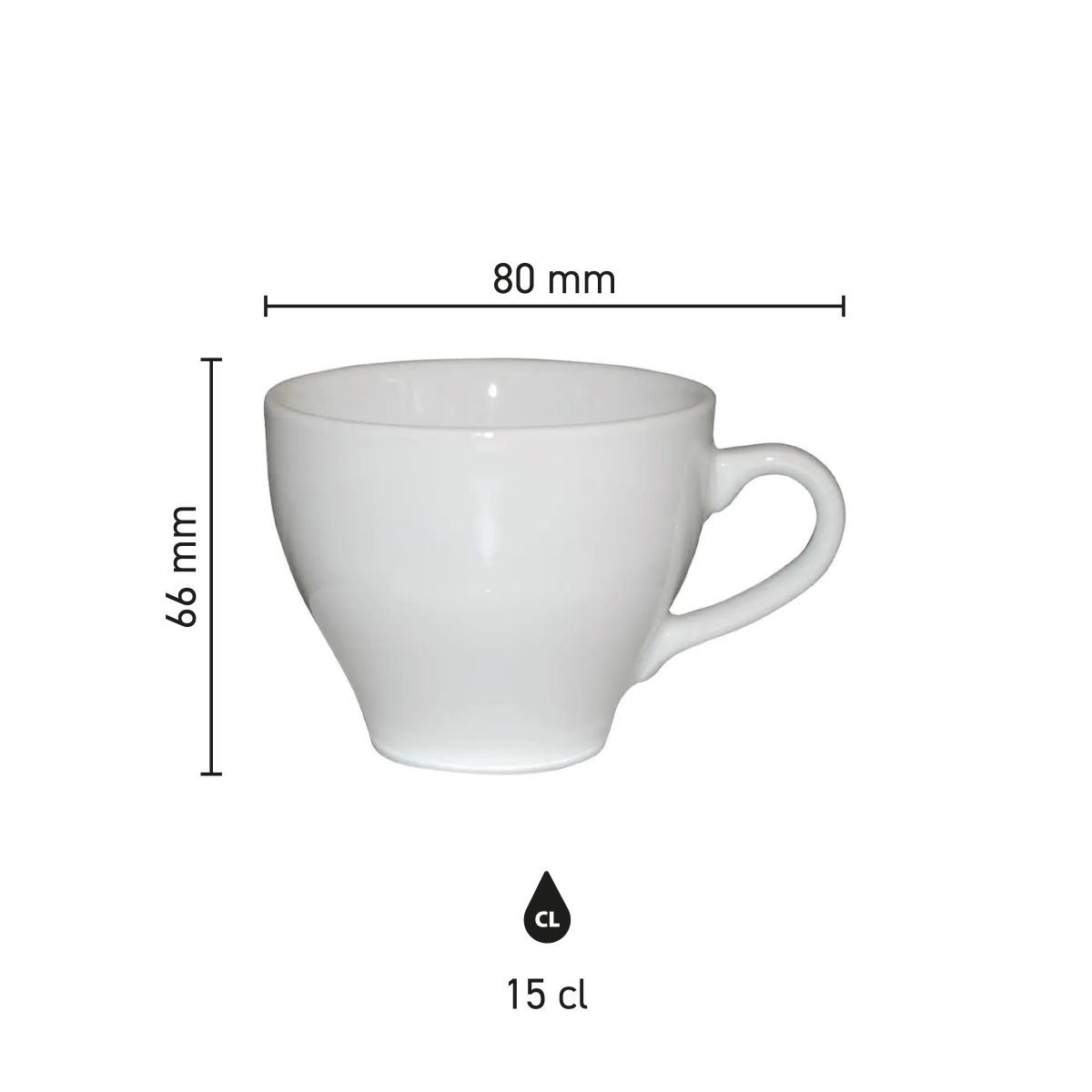 Infographic toont technische maatvoering van de Dom Koffie kop wit 15 cl. in millimeters.