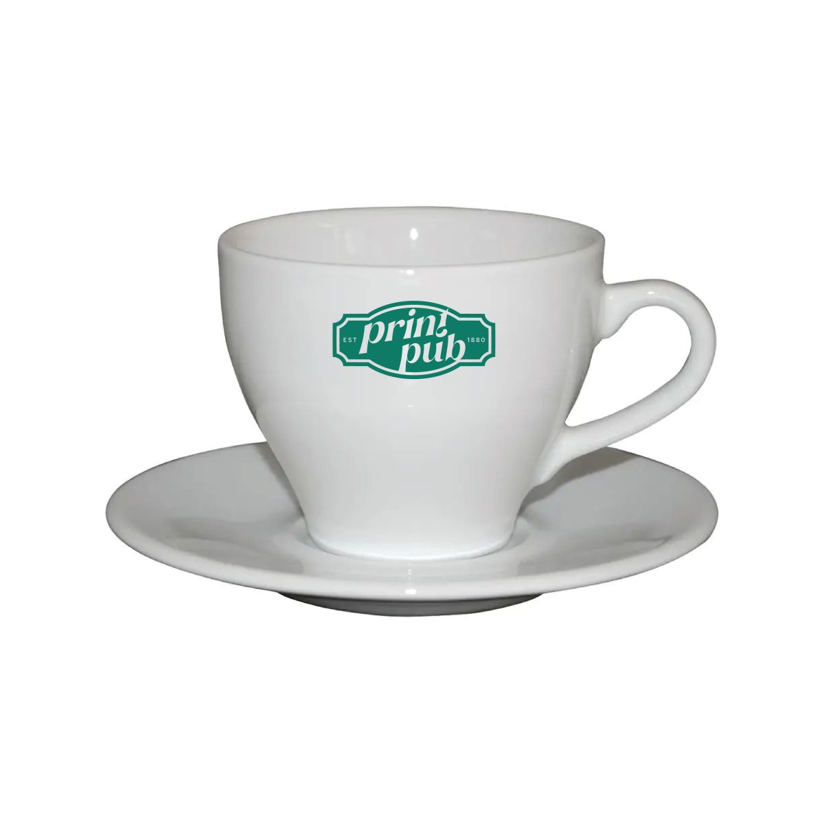 Vooraanzicht van Dom Koffie 15 cl. SET met éénkleurig PrintPub-logo bedrukt op wit porselein.