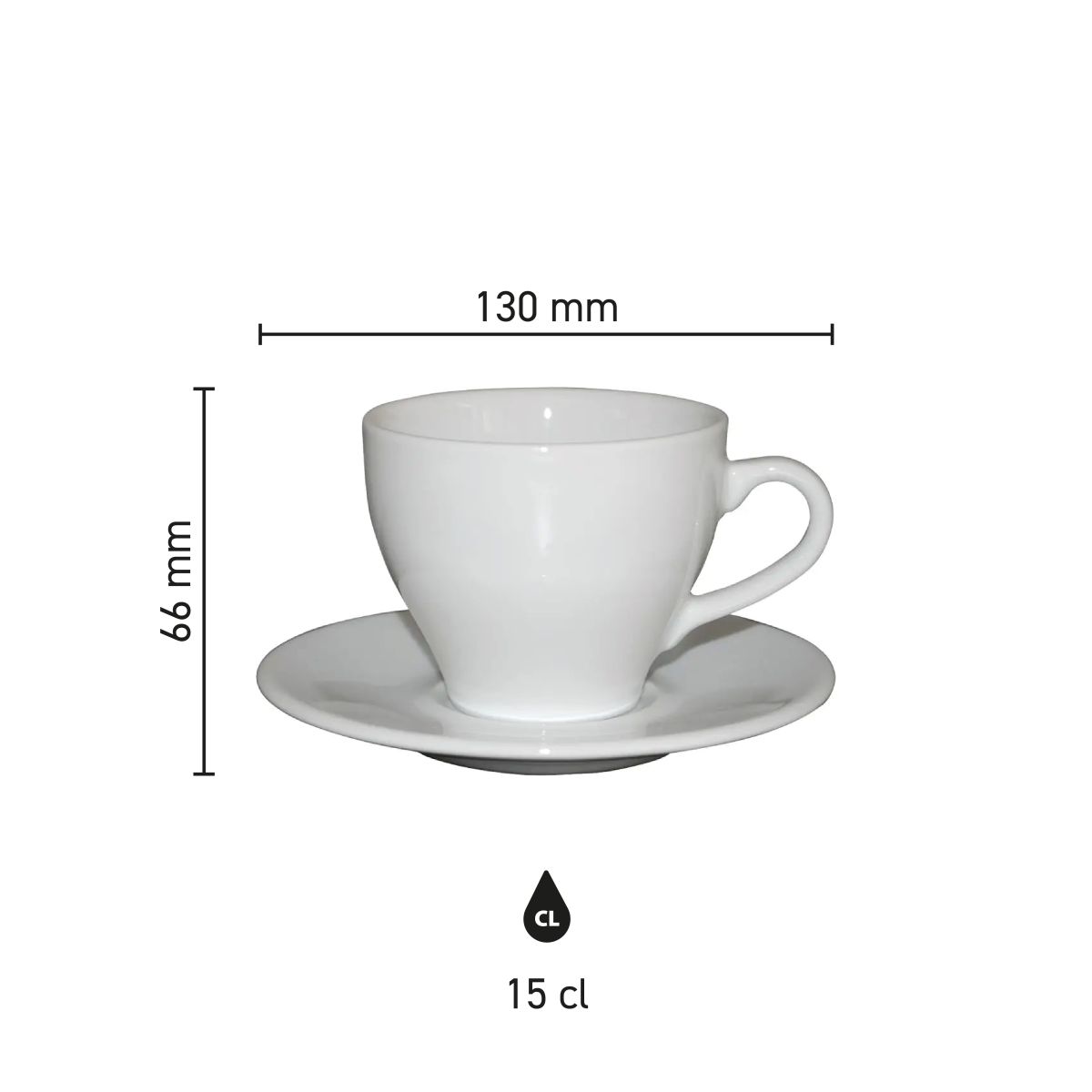 Infographic toont technische maatvoering van Dom Koffie wit 15 cl. SET porselein in millimeters.