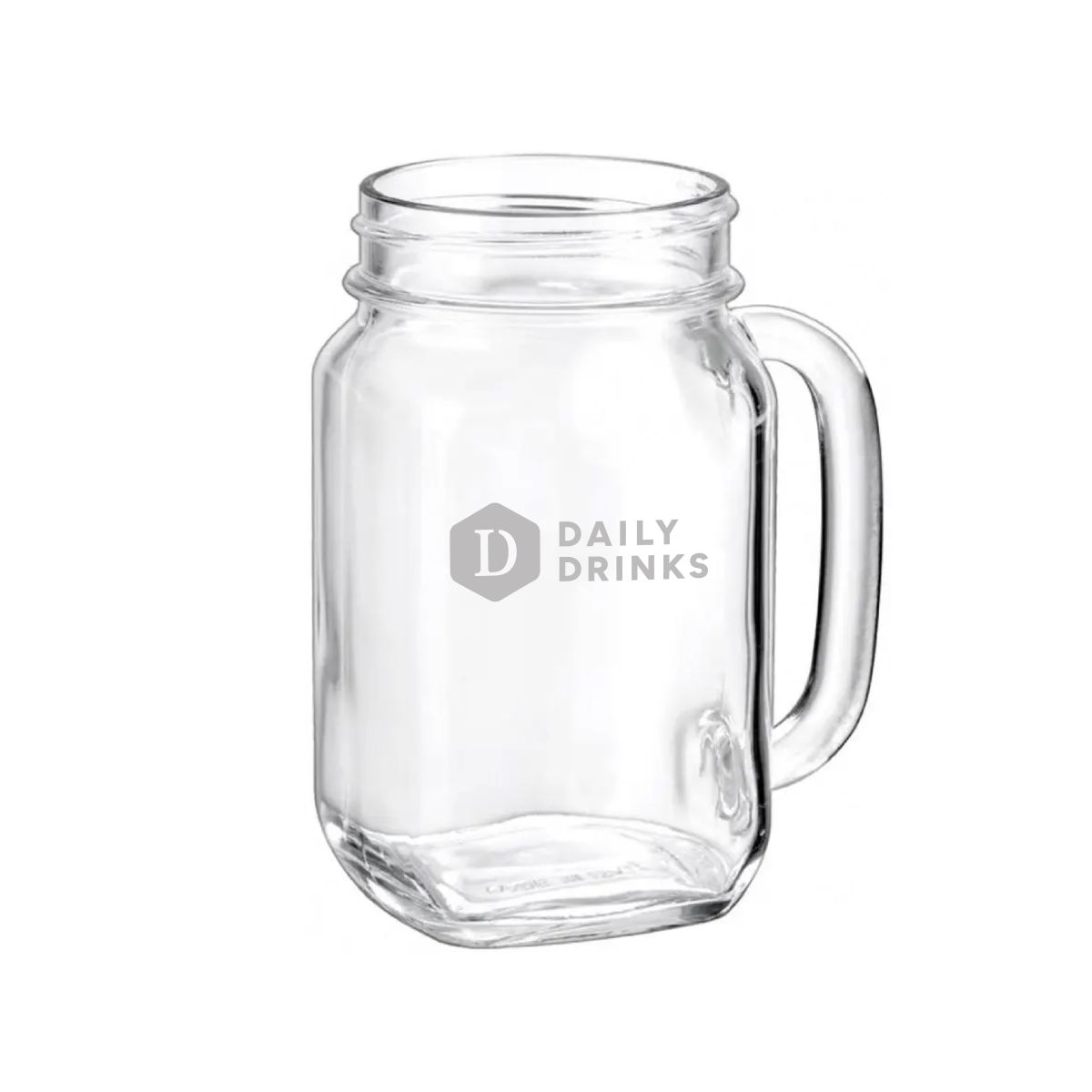 Vooraanzicht van de Drink Jar 48 cl met gegraveerd DailyDrinks-logo subtiel in het glasoppervlak.