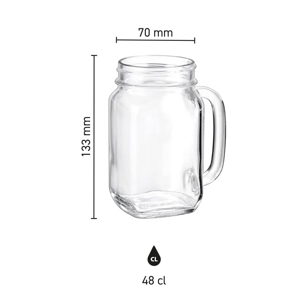 Technische infographic met maatvoering van de Drink Jar 48 cl. in hoogte, breedte en inhoud.