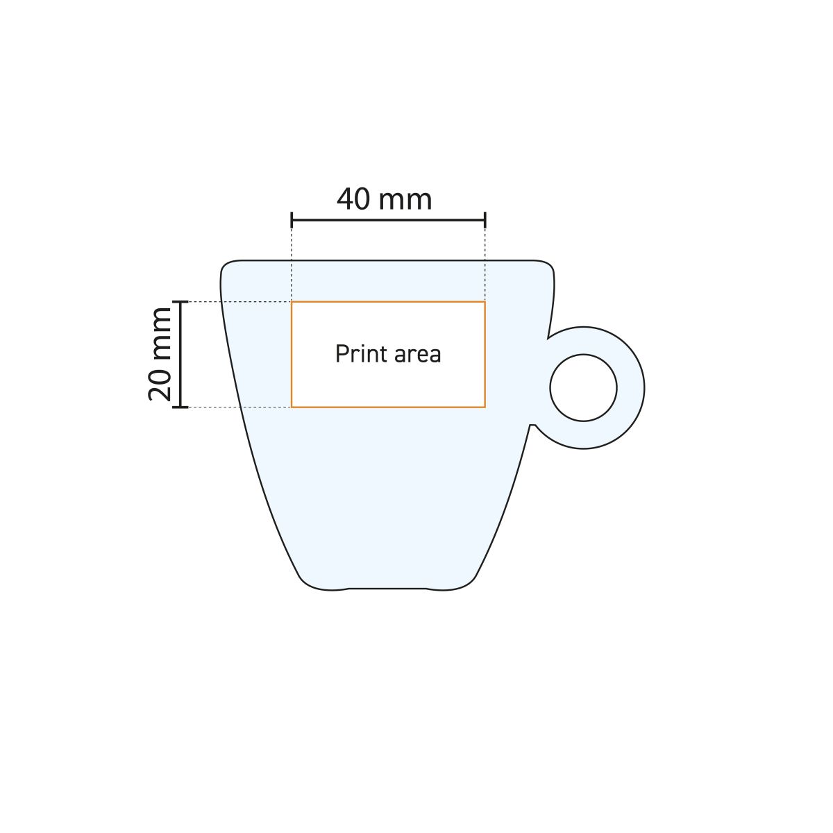 Gedetailleerde werktekening toont het drukgebied voor bedrukking op het Easy Bar glas.