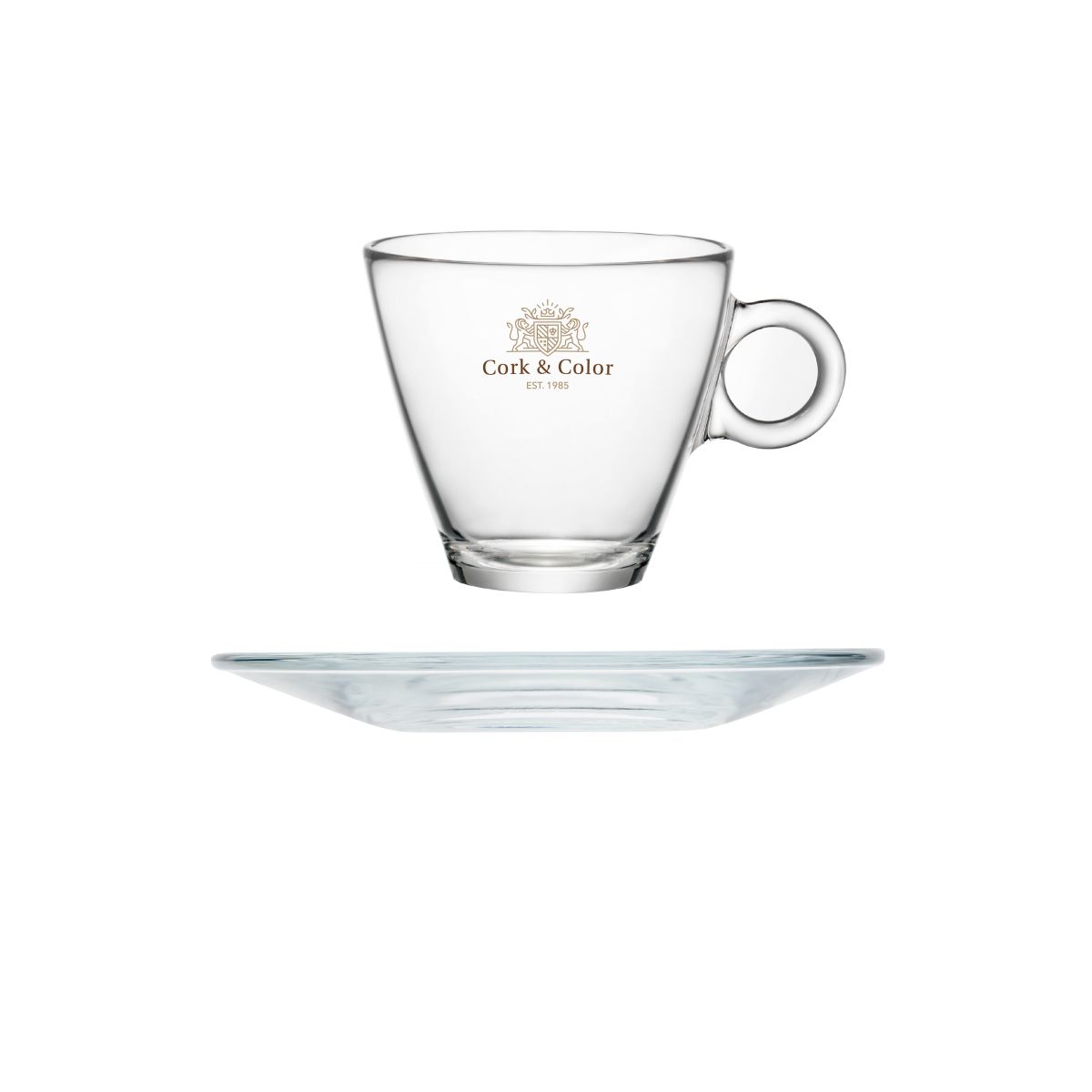 Voorzijde en zijkant van Easy Bar Cappuccino 23 cl. SET met gekleurd CorkColor-logo bedrukt op het glas.