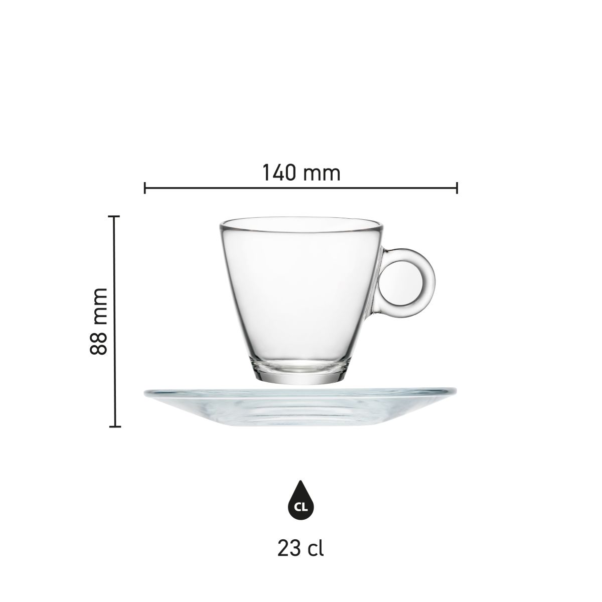 Infographic toont afmetingen van Easy Bar Cappuccino 23 cl. SET met maataanduidingen.