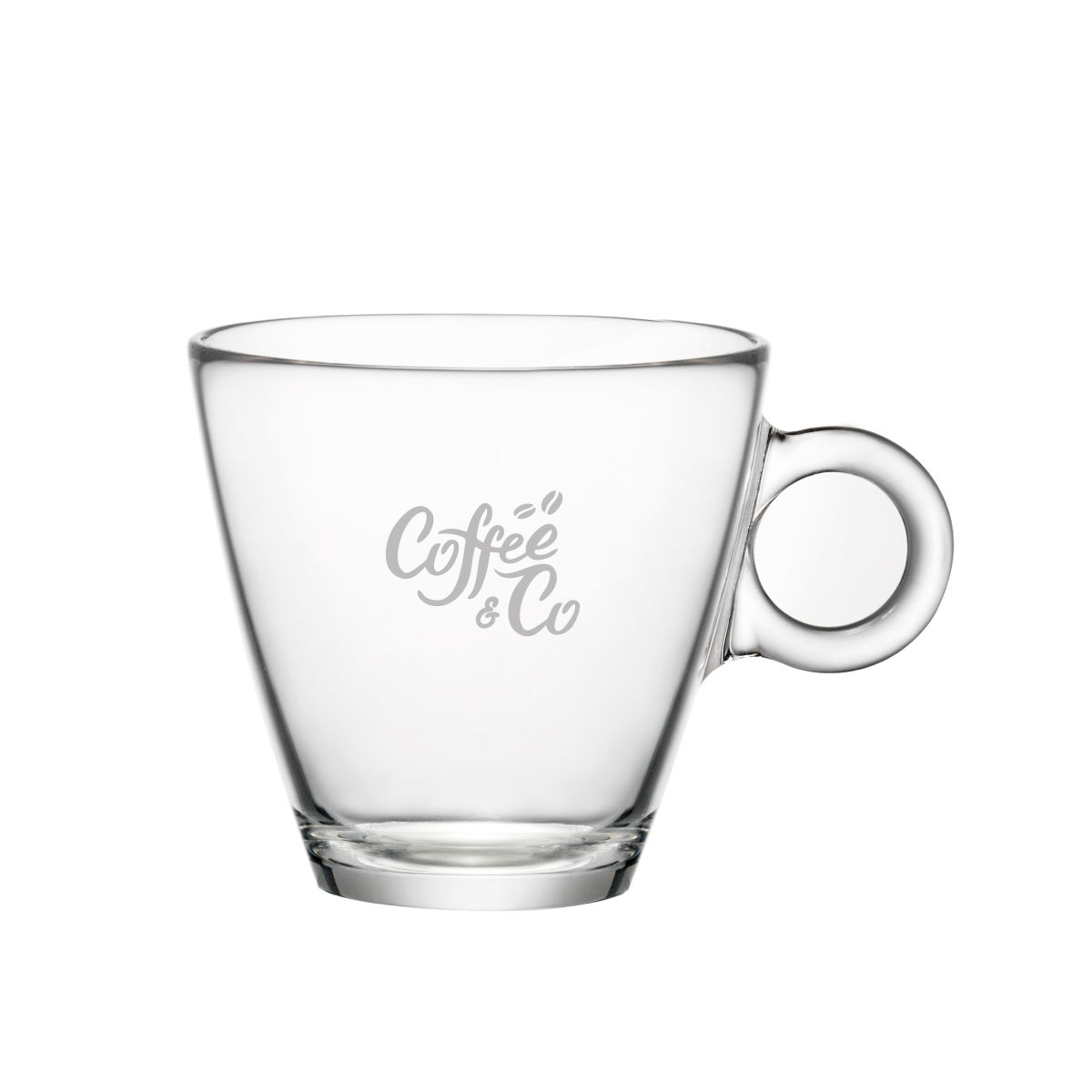 Gravure van CoffeeCo-logo op voorzijde van Easy Bar cappuccino kop 23 cl. zichtbaar in helder glas.