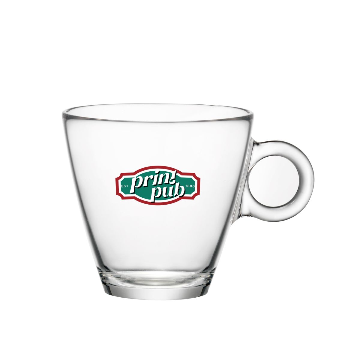 Glazen cappuccinokop 23 cl. met meerkleurig PrintPub-logo gedrukt op de voorzijde van het glas.
