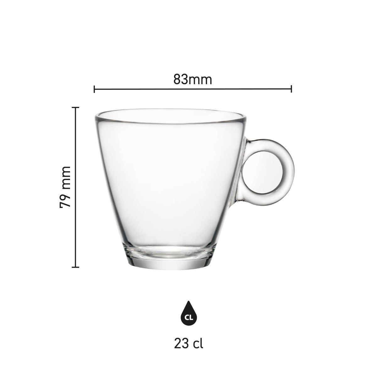 Technische werktekening toont drukgebied en logopositie op de Easy Bar cappuccino kop 23 cl. van glas.