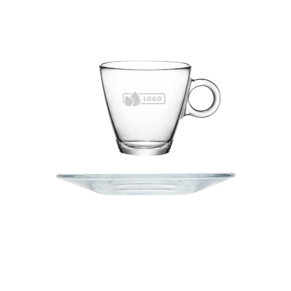 Gravure van een logo gecentreerd op de voorzijde van het transparante cappuccinoglas.