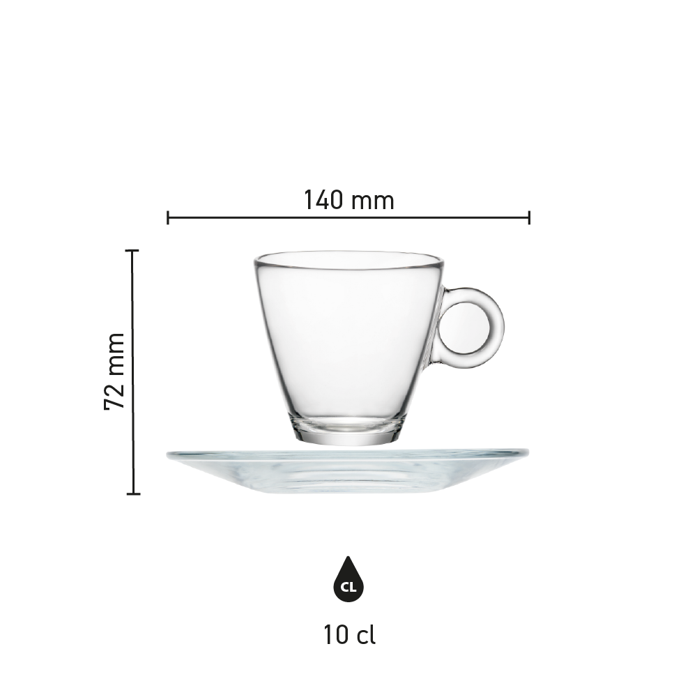 Infographic met exacte maten van het espresso glas, inclusief hoogte en diameter.