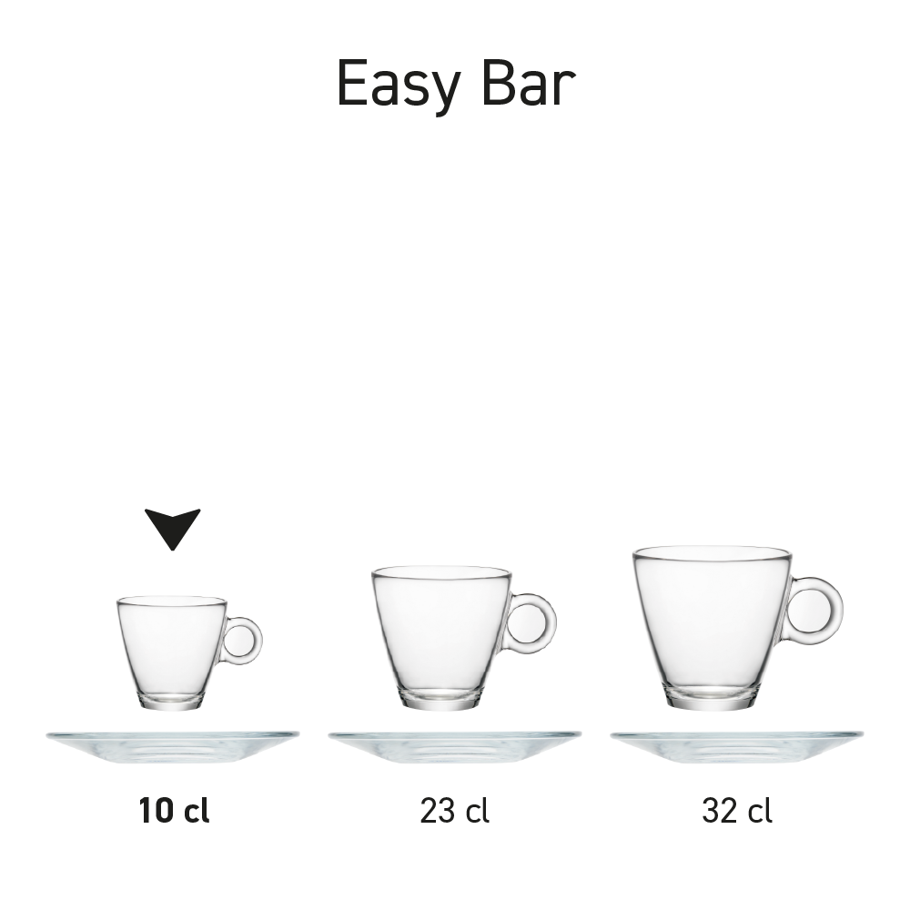 Rijtje espresso sets, in helder glas, in serie naast elkaar gepresenteerd.