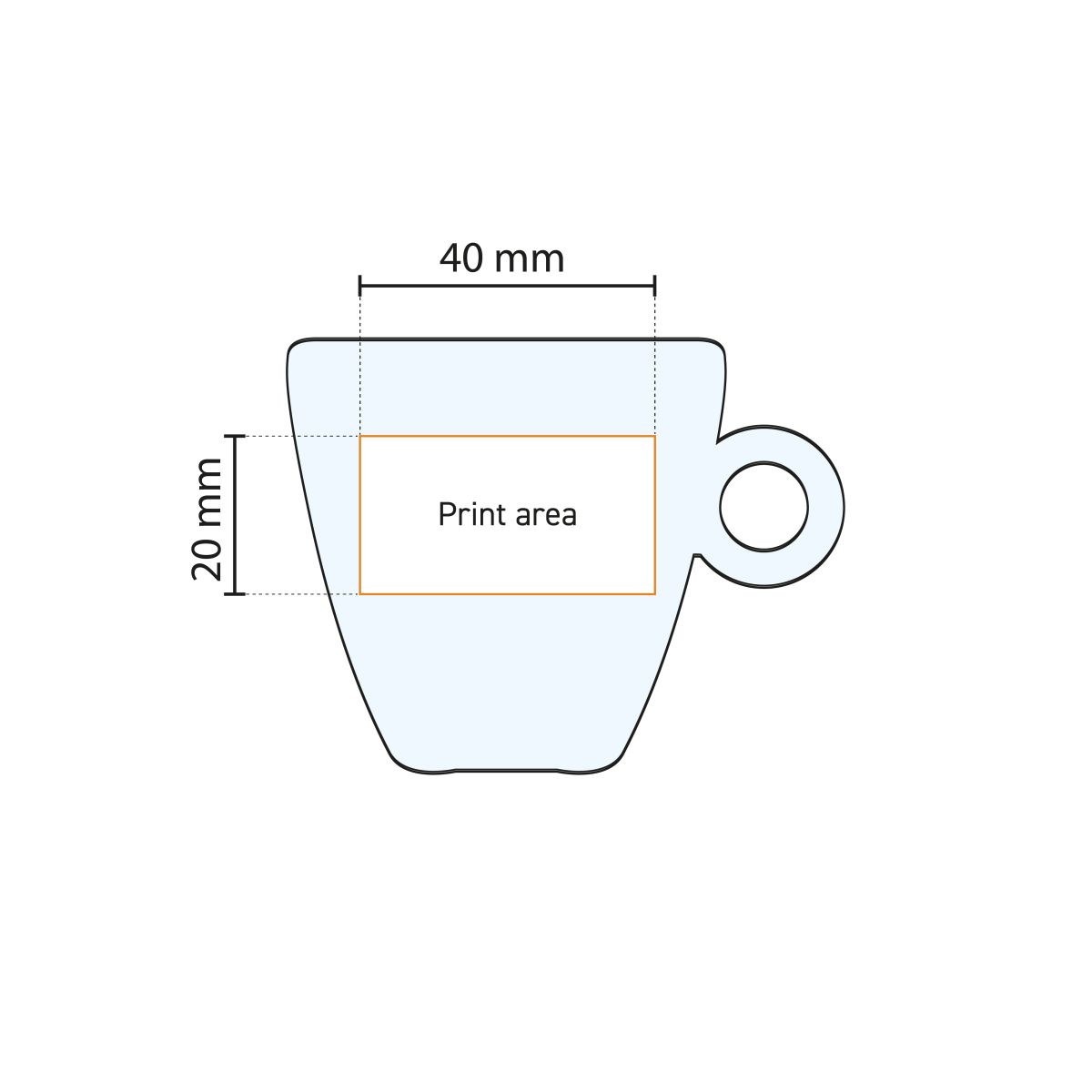 Werktekening met drukgebied van de Easy Bar Espresso Kop 10 cl. van glas voor bedrukking.