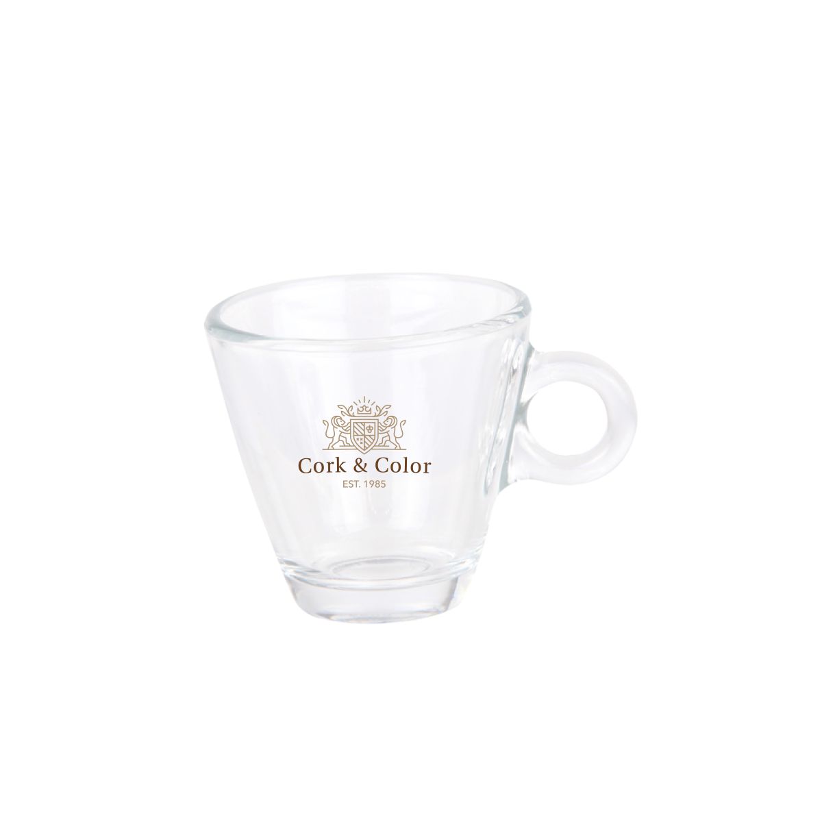 Glazen espresso kop 10 cl. met meerkleurig CorkColor-logo op de voorkant.
