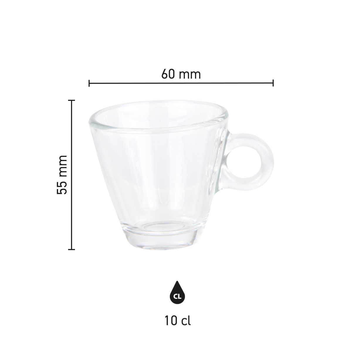 Infographic met afmetingen van de glazen Easy Bar Espresso Kop 10 cl. espresso kop.
