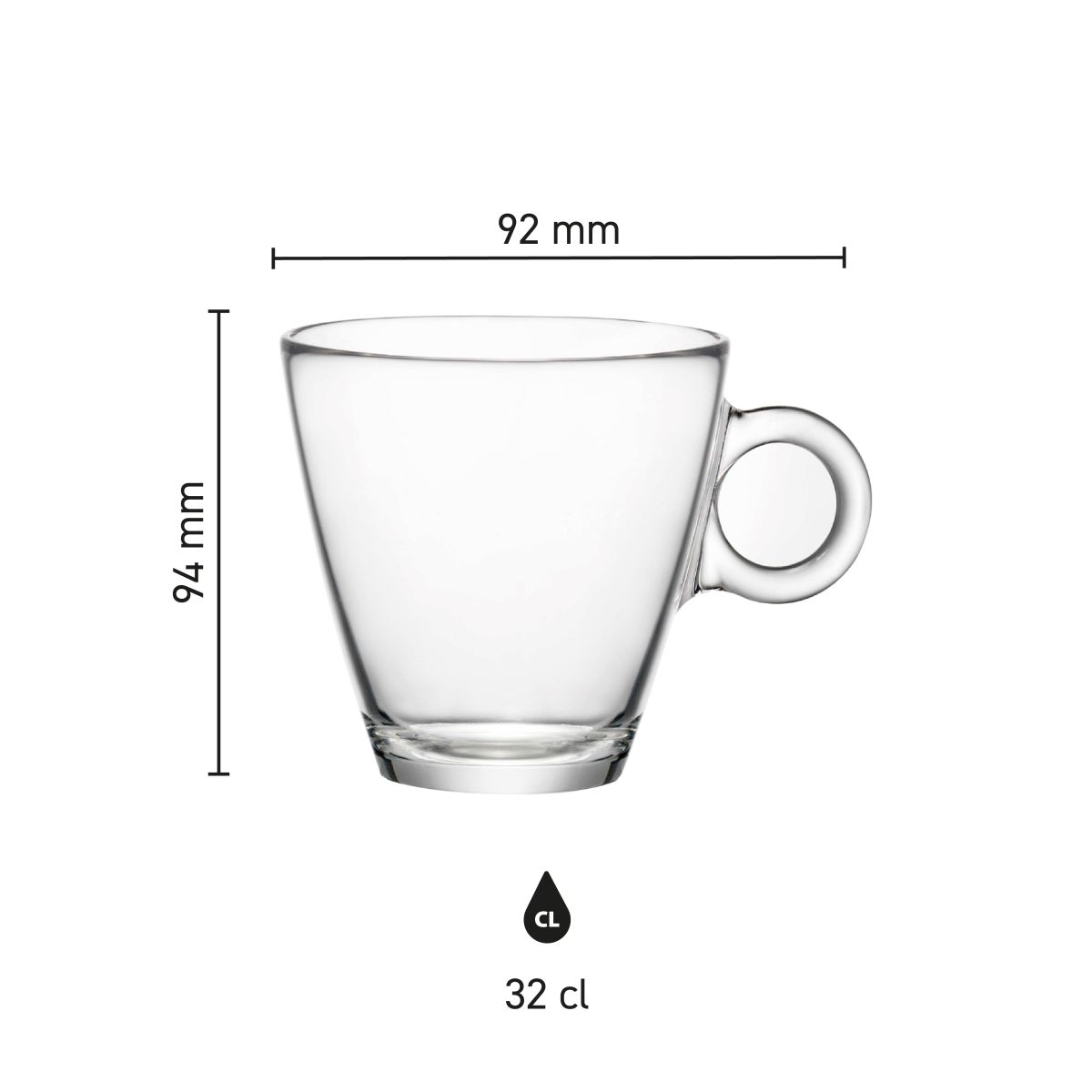 Infographic toont hoogte en diameter van Easy Bar theekop 32 cl. in duidelijke maatschaal.