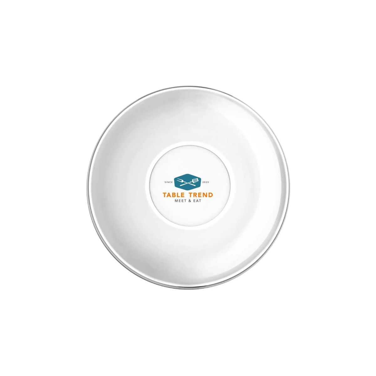 Glazen theeschotel 14 cm met meerkleurig TableTrend-logo in het midden bedrukt.