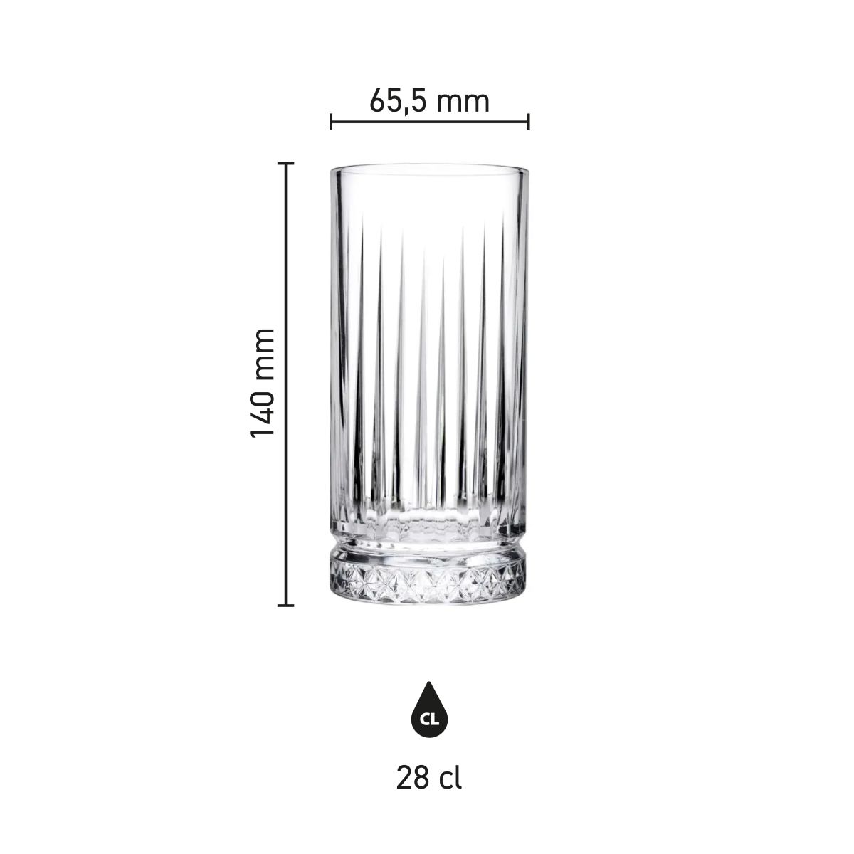 Infographic toont de productafmetingen van het Elysia Longdrink glas 28 cl.