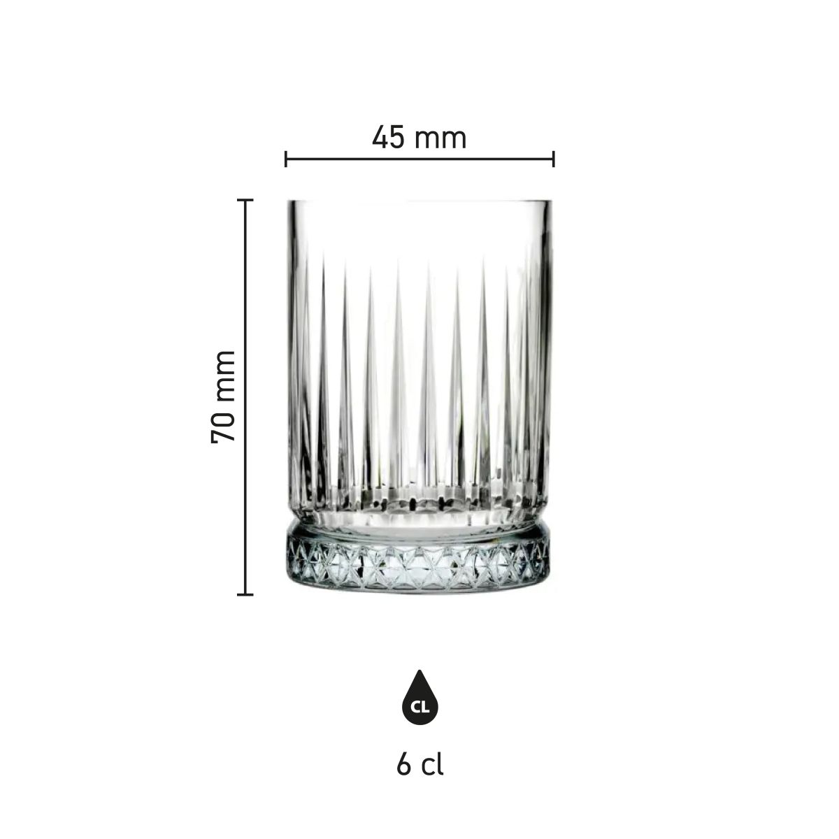 Infographic toont de productafmetingen van het Elysia Shotglas 6 cl. glas.