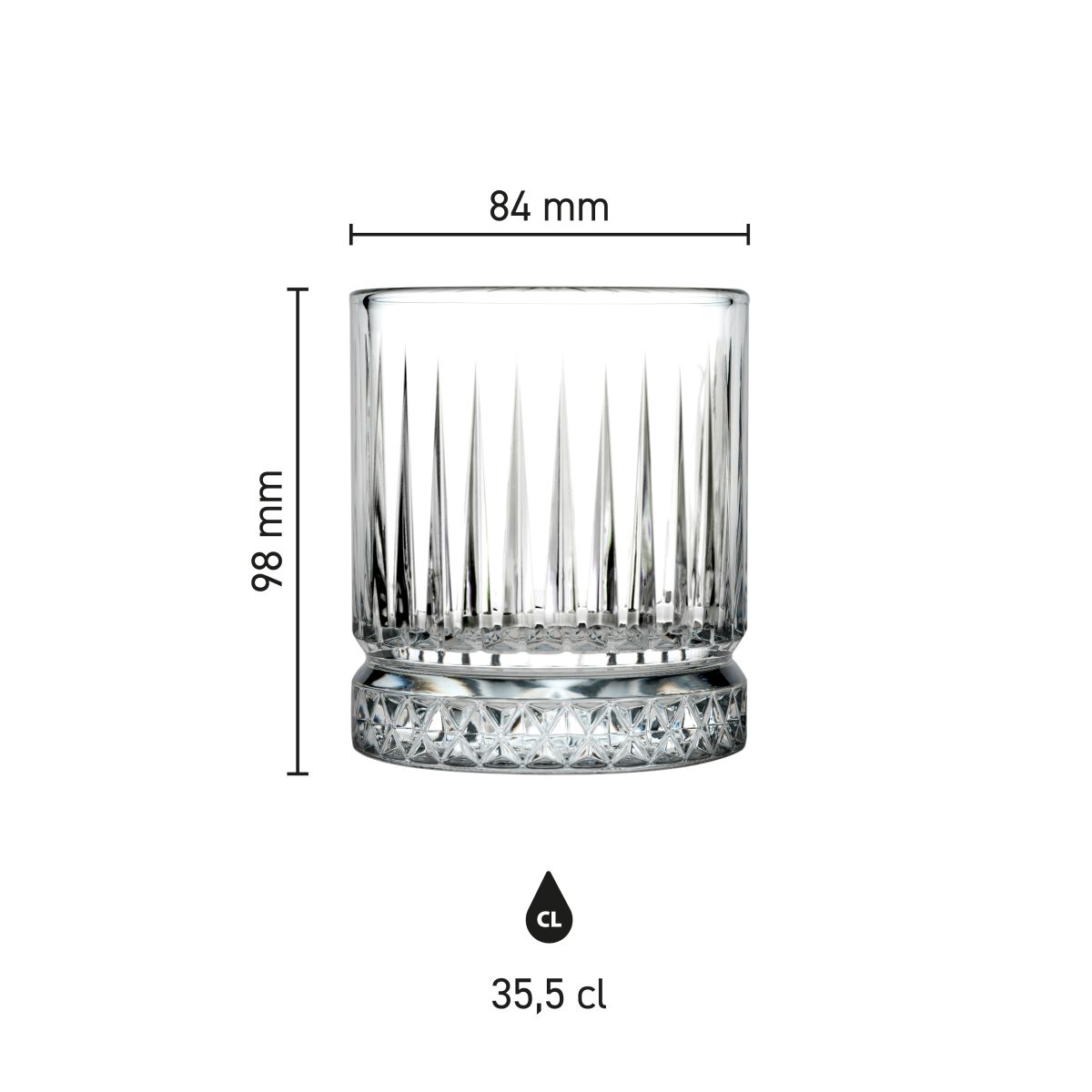 Infographic met technische afmetingen van het Elysia Whisky glas 35,5 cl.