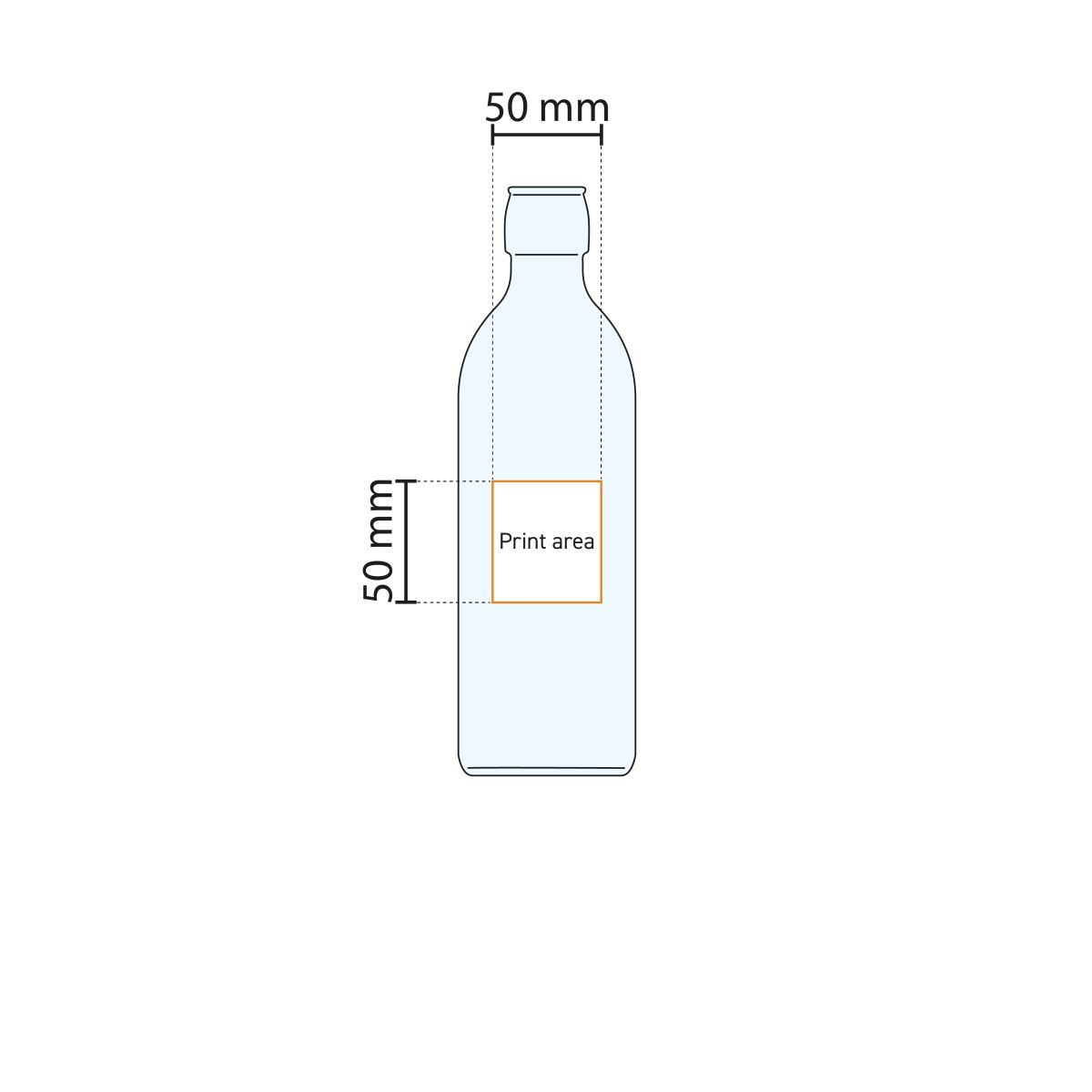 Drukgebiedweergave van Emilia Fles 0,5 liter met gemarkeerd oppervlak voor logobedrukking.