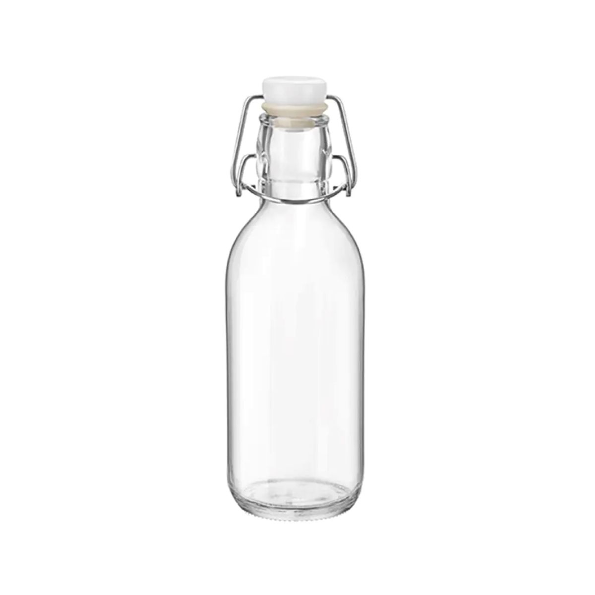 Heldere Emilia Fles van 0,5 liter glas met beugelsluiting, gefotografeerd recht van voren.