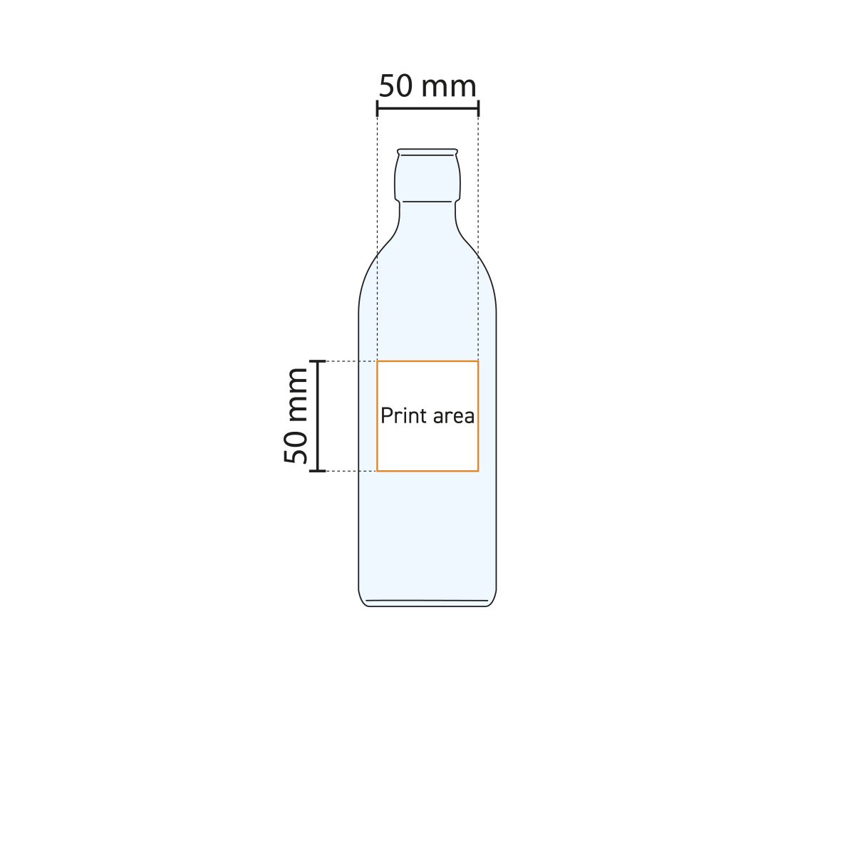 Werktekening met aanduiding van het drukgebied op de Emilia Fles 1 liter fles.