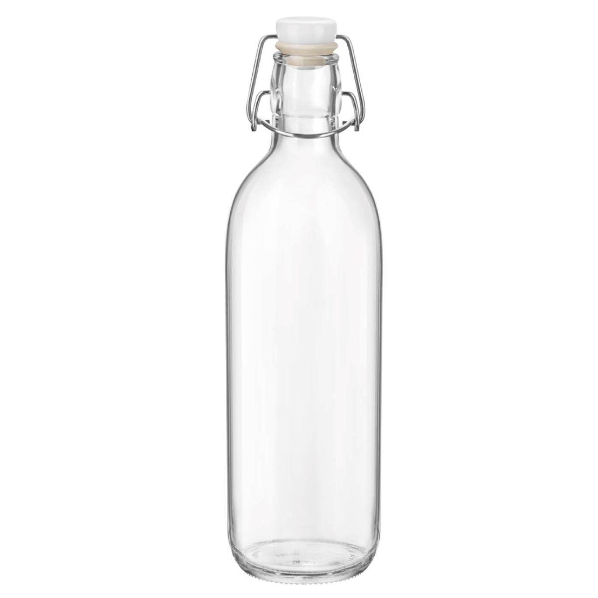 Recht vooraanzicht van glazen Emilia Fles met 1 liter inhoud en beugelsluiting, slank model.