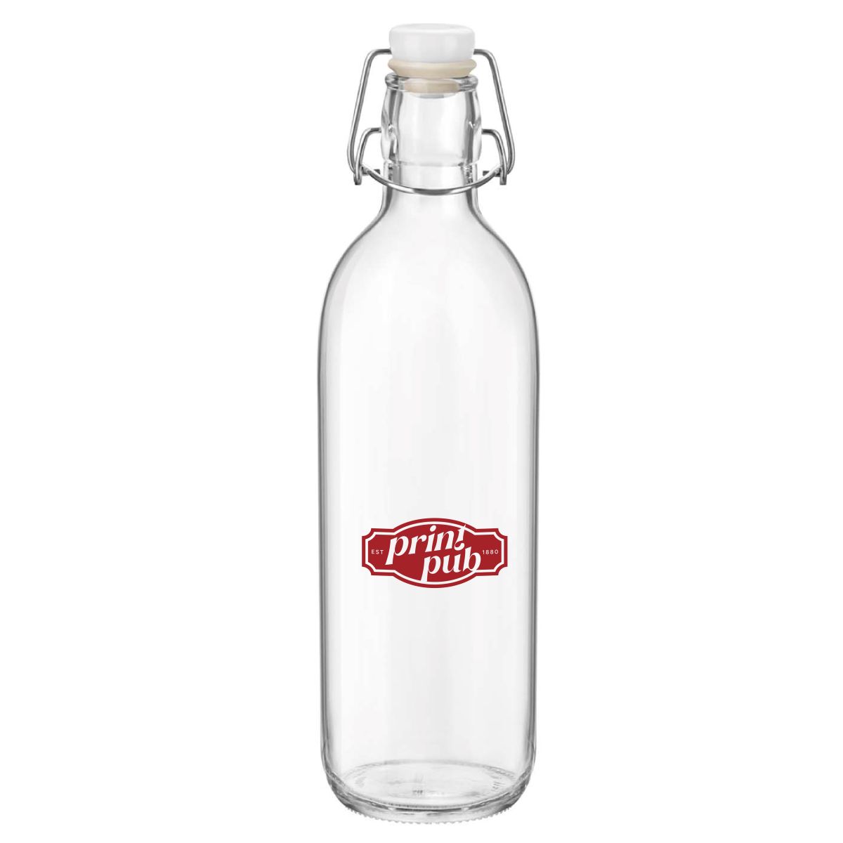 : PrintPub-logo in één kleur op voorzijde van glazen fles Emilia 1 liter, gecentreerd op het oppervlak.