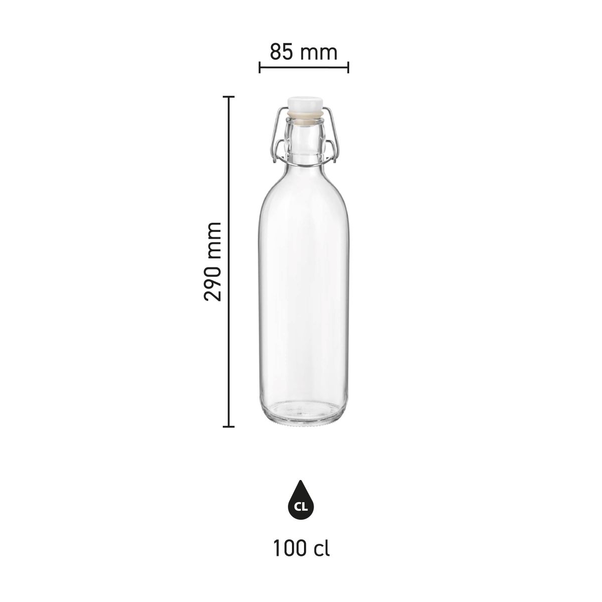 verzicht van de afmetingen van glazen fles Emilia 1 liter in duidelijke infographicweergave.