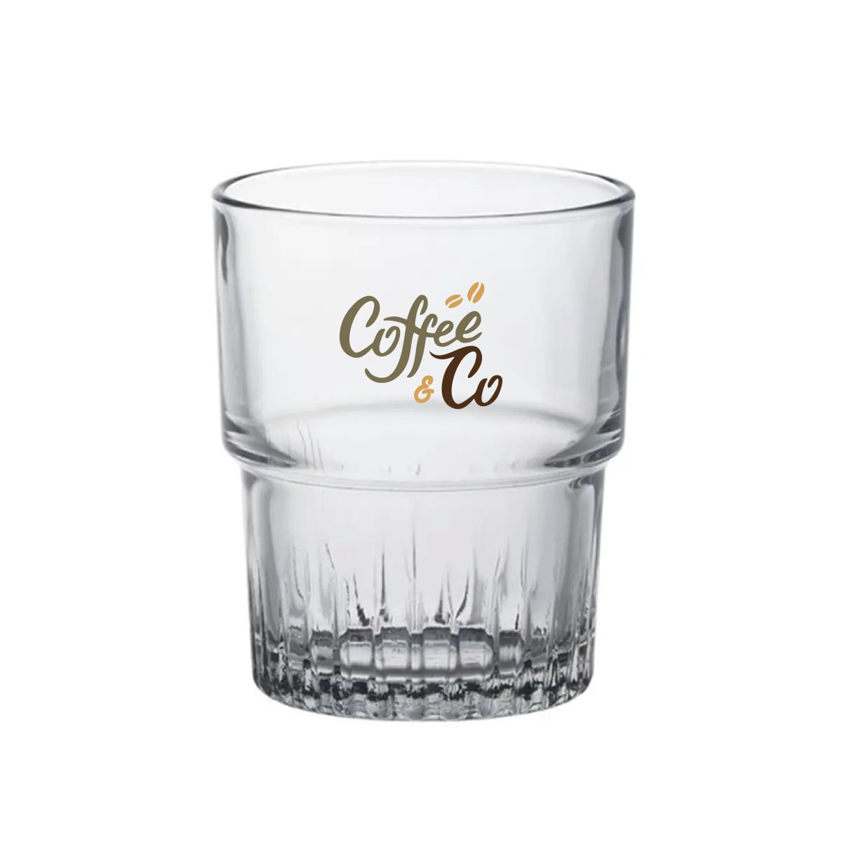 CoffeeCo-logo in meerdere kleuren zichtbaar op voorzijde van Empilable stapelbaar glas 16 cl.