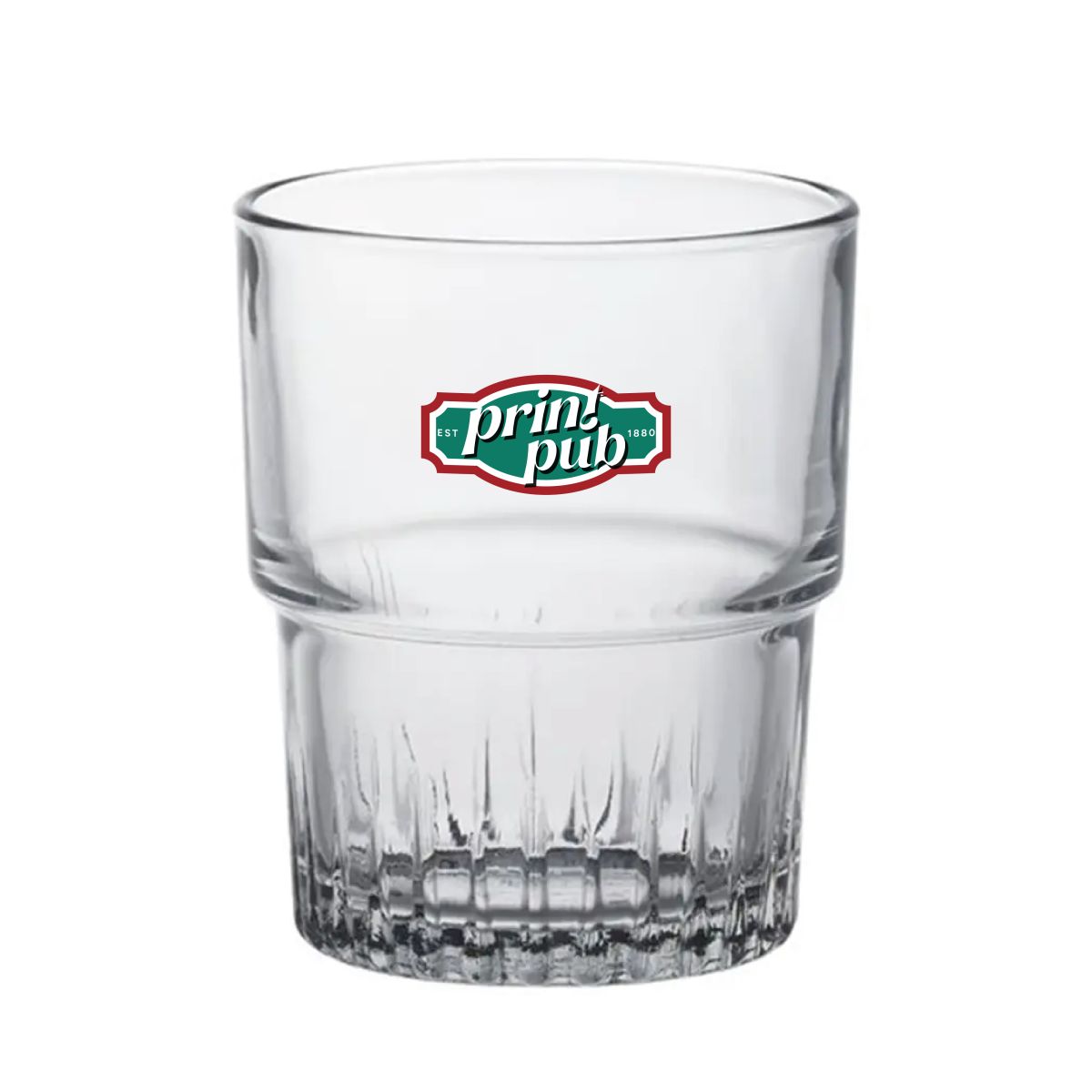 PrintPub-logo in één kleur gecentreerd op transparant Empilable glas 20 cl in vooraanzicht.