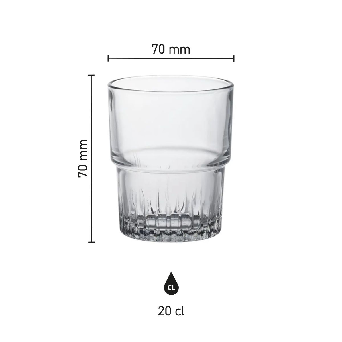 Infographic toont exacte afmetingen van Empilable Tumbler 20 cl stapelbaar glas.
