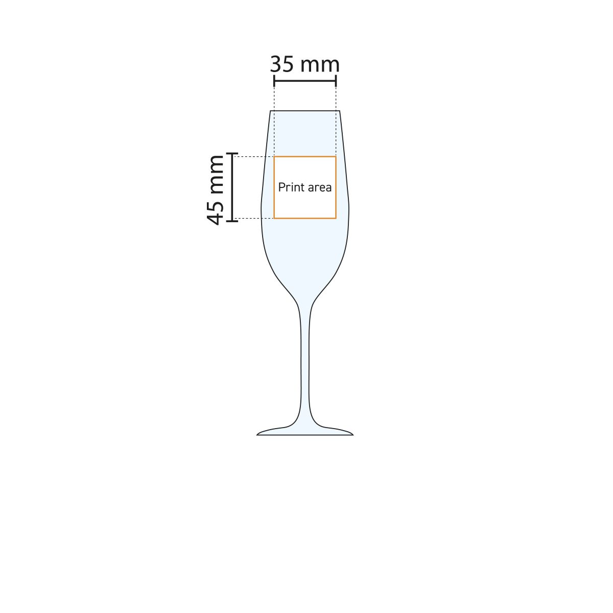 Infographic toont hoogte en glasinhoud van Esprit champagneflute 21 cl.