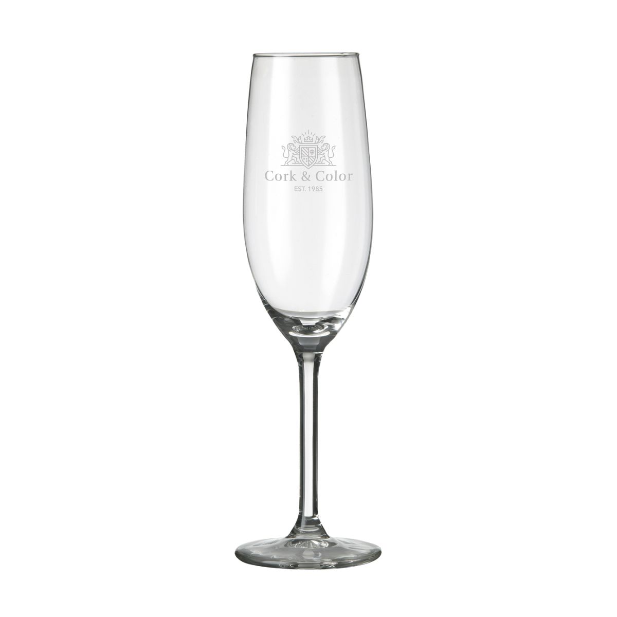 Gravure van CorkColor-logo op het vooraanzicht van de Esprit champagneflute 21 cl.