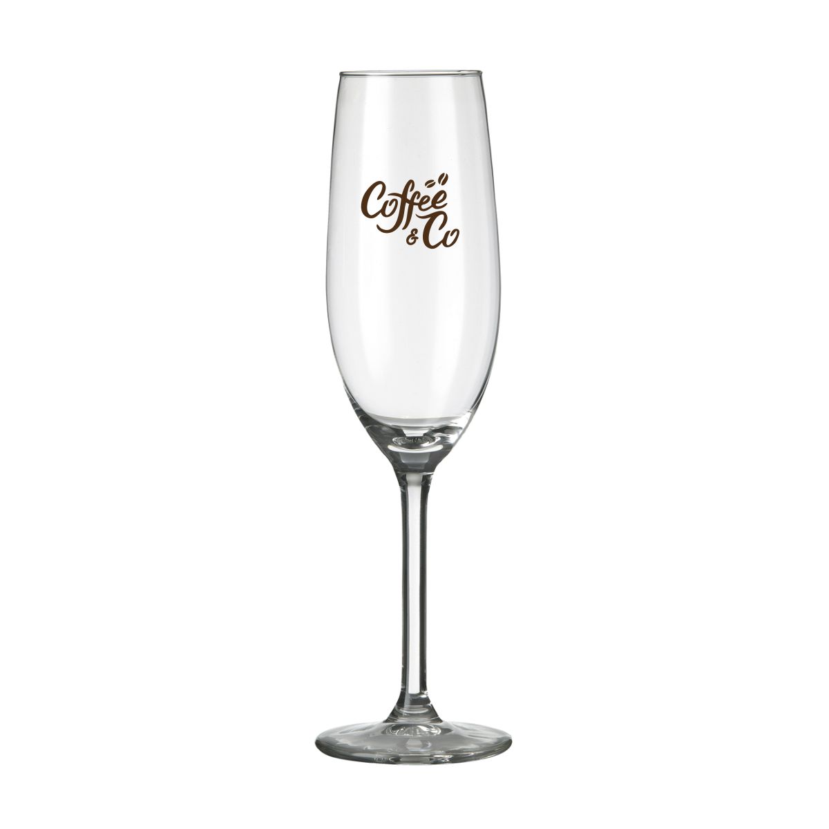 Voorzijde van Esprit champagneflute 21 cl. met CoffeeCo-logo in één kleur bedrukt.