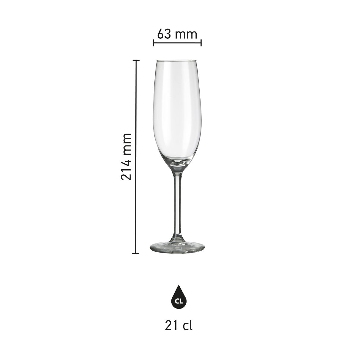 Technische werktekening met drukgebied van Esprit champagneflute 21 cl. glas.