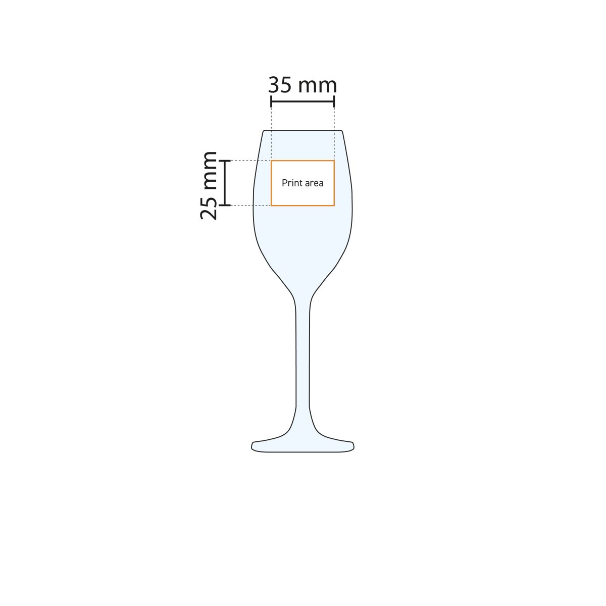 Technische werktekening met aanduiding van het drukgebied op het Esprit 14 cl. glas.