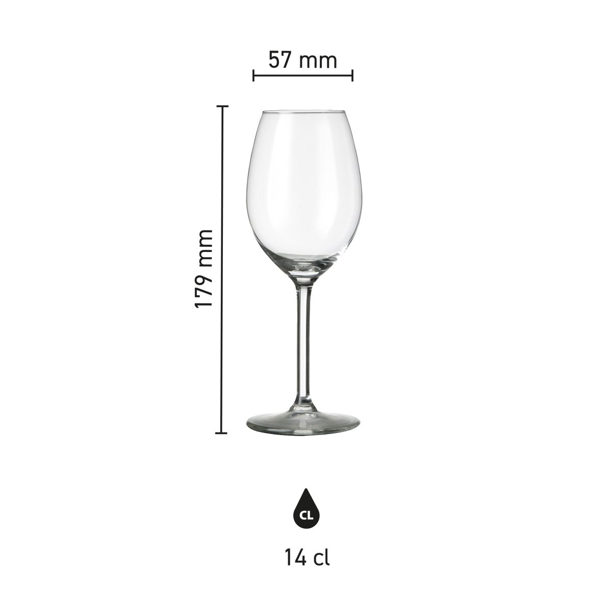 Infographic toont de exacte afmetingen van het Esprit portglas 14 cl. in millimeters.
