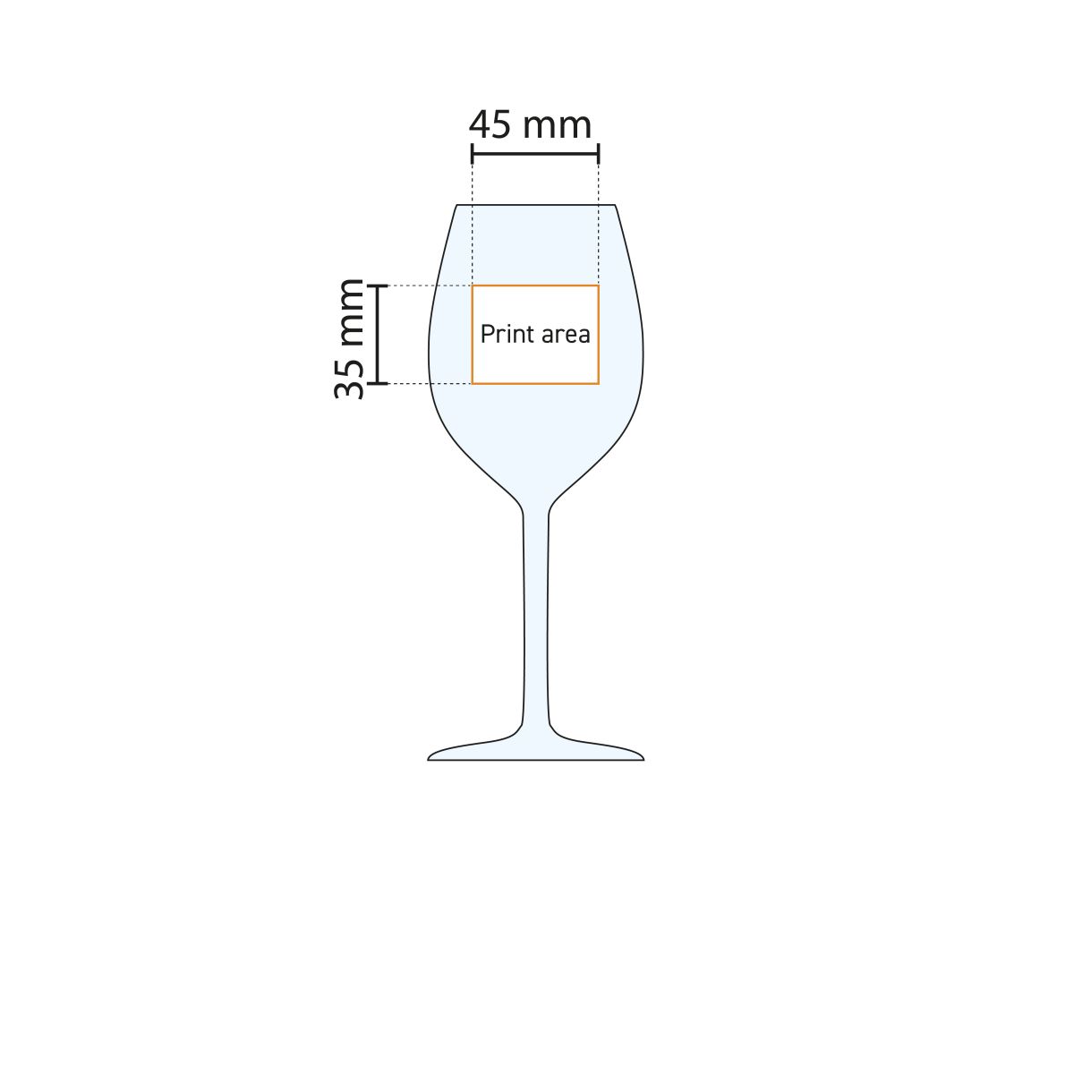 Technische werktekening met aanduiding van het drukgebied op het Esprit 32 cl. glas.