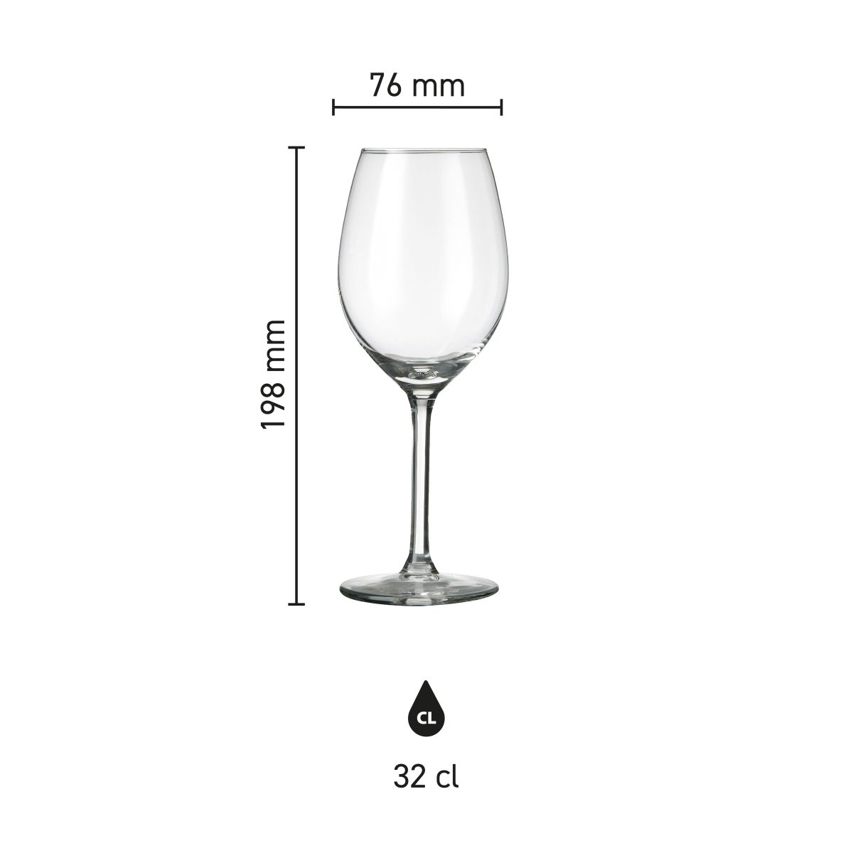 Infographic toont de precieze afmetingen van het Esprit wijnglas 32 cl. in millimeters.